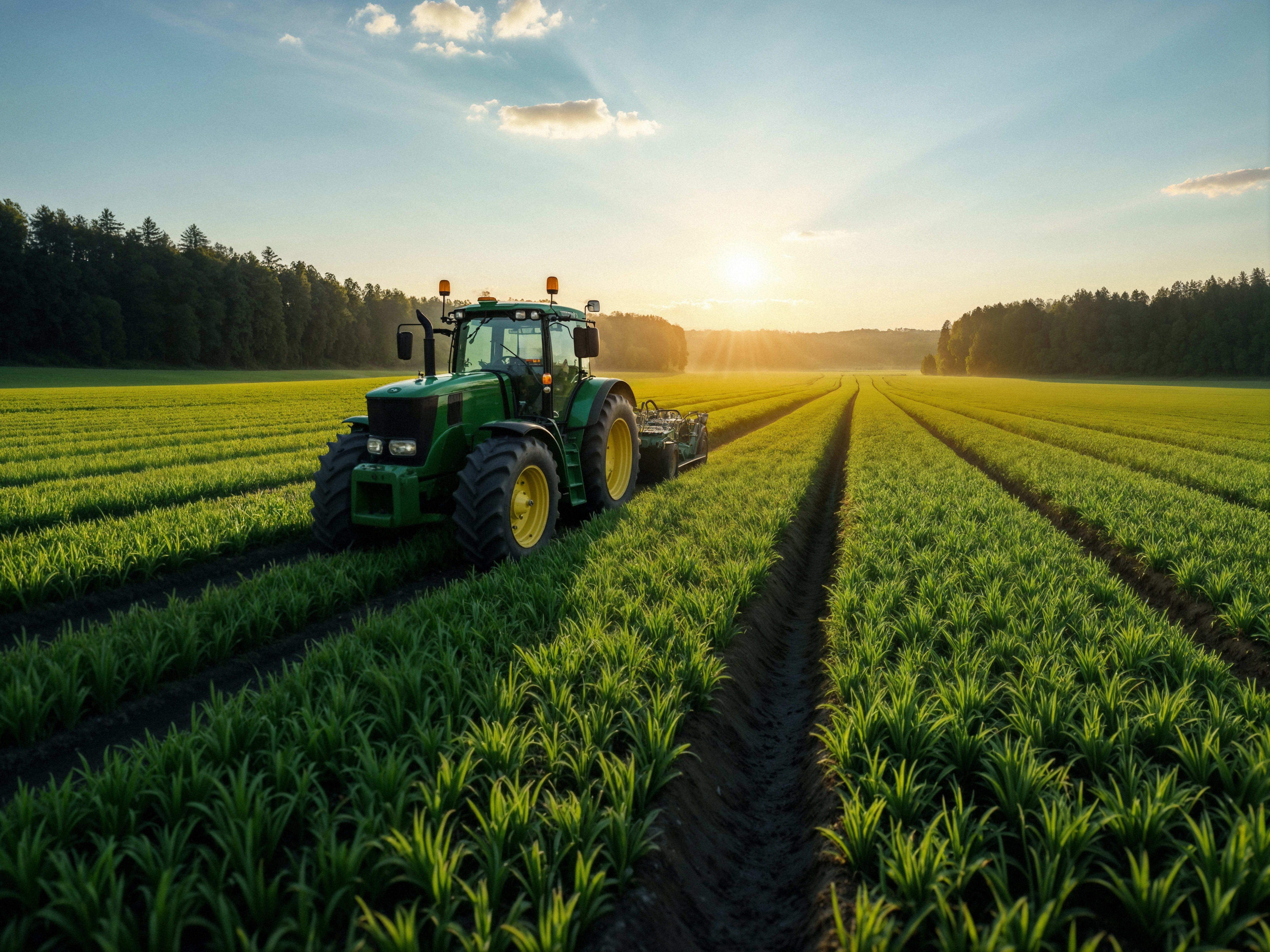 Agriculture field at sunset with tractor